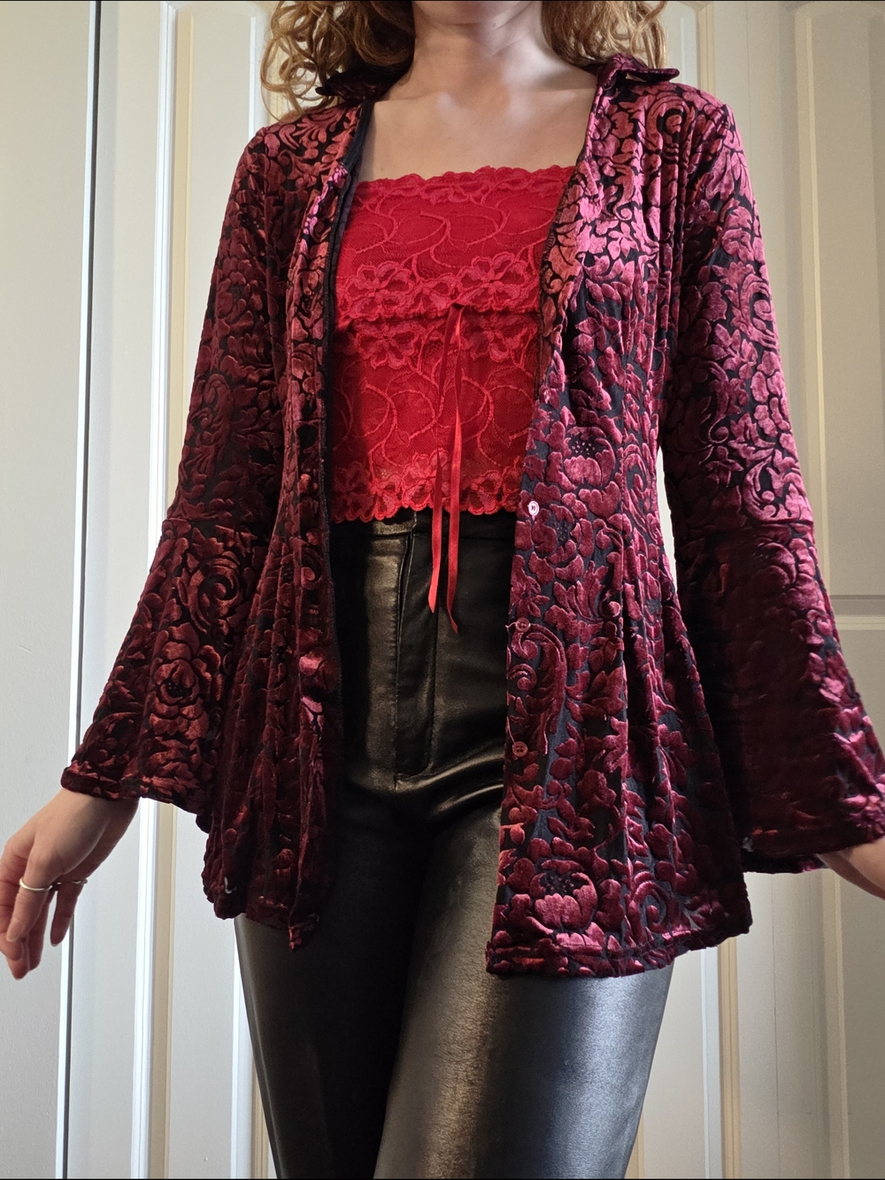 Whimsigoth Red Velvet Floral Burnout Top
